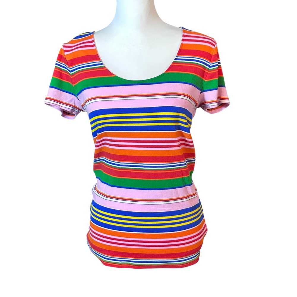 Lauren Ralph Lauren T Shirt Womens Large Multicolor Striped Scoop Neck LRL Logo